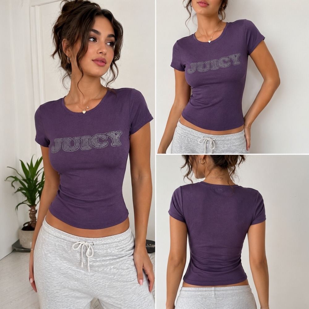 Juicy Couture Ribbed Sleep Tee Womens Small Purple Rhinestone Y2K Lounge‎ Top